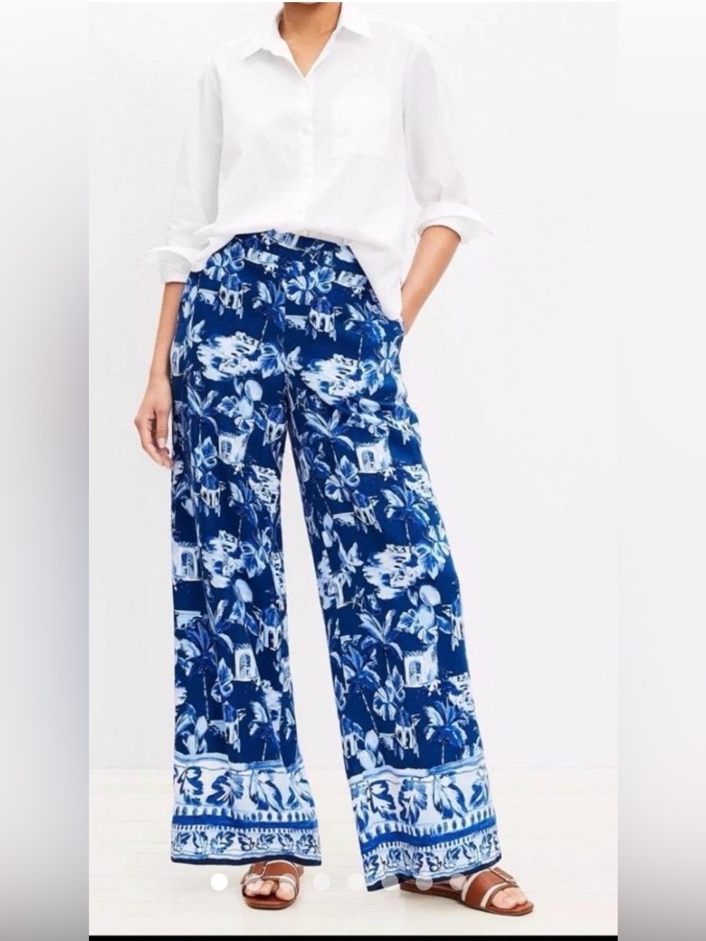 Blue & White Floral Print Wide-Leg Pants